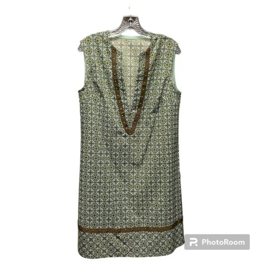 Geometric Green Brown Print Boxy Deep V Neck Shift Dress Brass Studded Trim Med